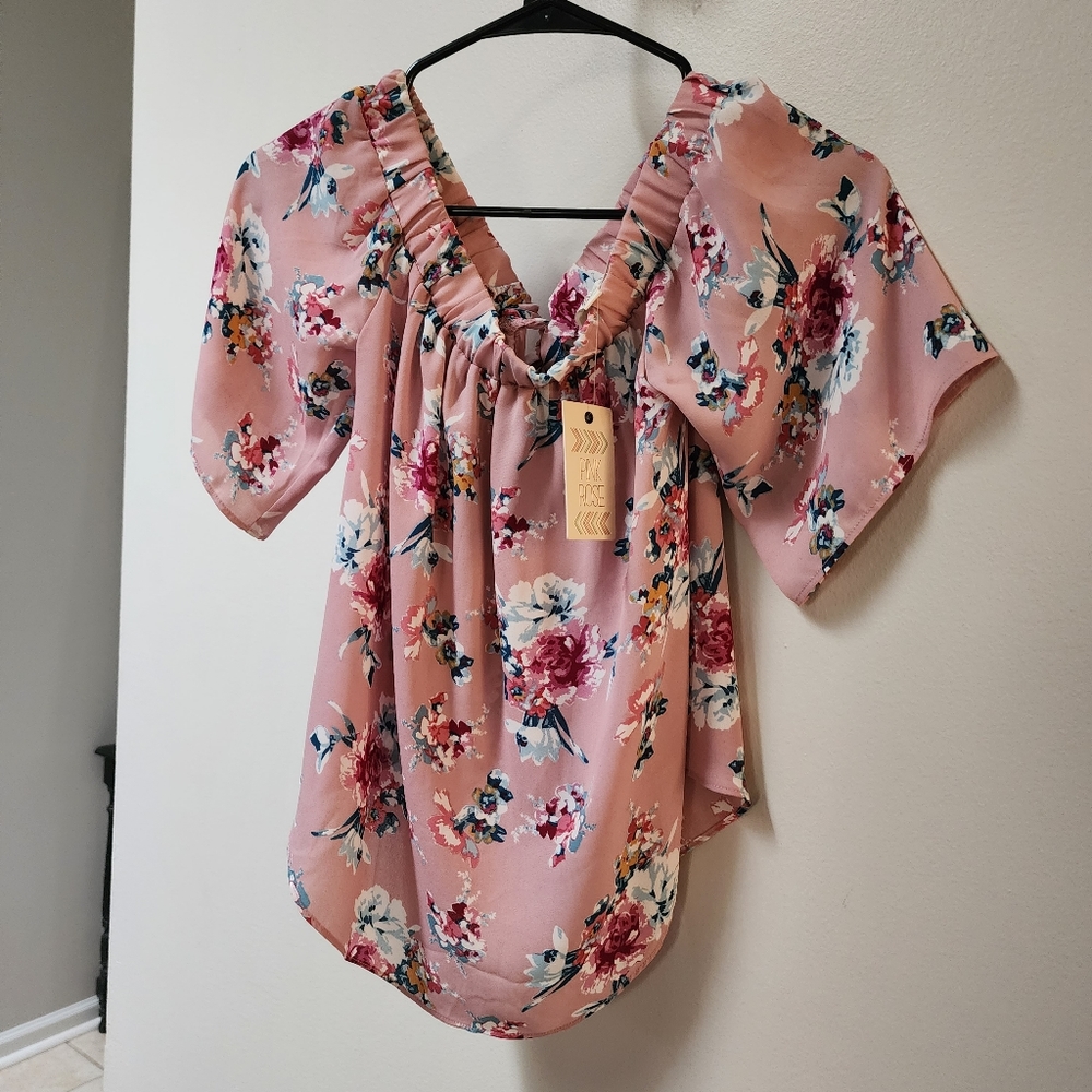 Pink Rose Flowy Floral Blouse with Back Tie NWT small